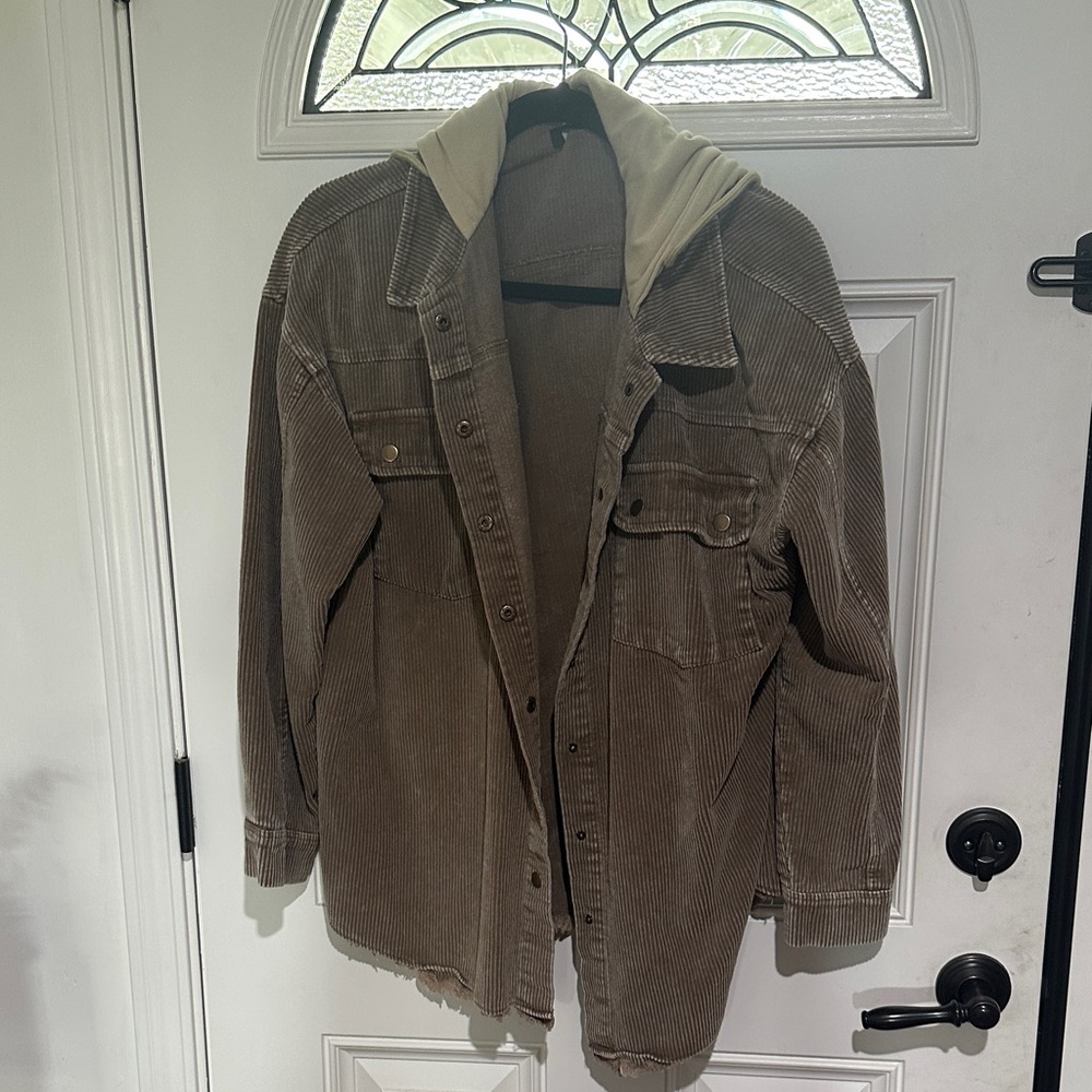 Men's Tan Corduroy Shirt Jacket with Hood